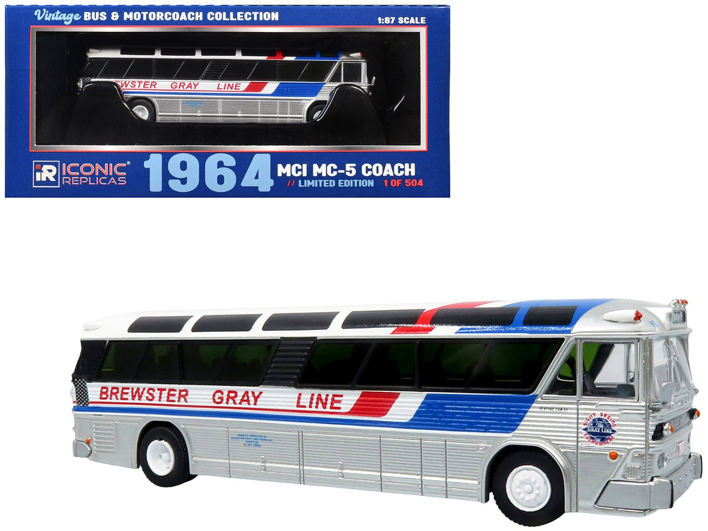 1964 MCI MC-5A Coach Bus "Brewster Gray Line" Silver with Blue and Red Stripes "Vintage Bus & Motorcoach Collection" Limited Edition to 504 pieces Worldwide 1/87 (HO) Diecast Model by Iconic Replicas  free shipping USA