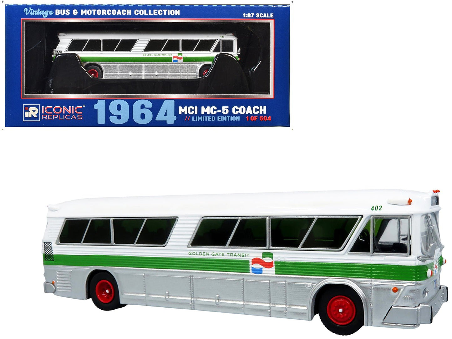 1964 MCI MC-5A Coach Bus "Golden Gate Transit" White with Green Stripes "Vintage Bus & Motorcoach Collection" Limited Edition to 504 pieces Worldwide 1/87 (HO) Diecast Model by Iconic Replicas  free shipping USA