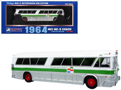 1964 MCI MC-5A Coach Bus "Golden Gate Transit" White with Green Stripes "Vintage Bus & Motorcoach Collection" Limited Edition to 504 pieces Worldwide 1/87 (HO) Diecast Model by Iconic Replicas  free shipping USA