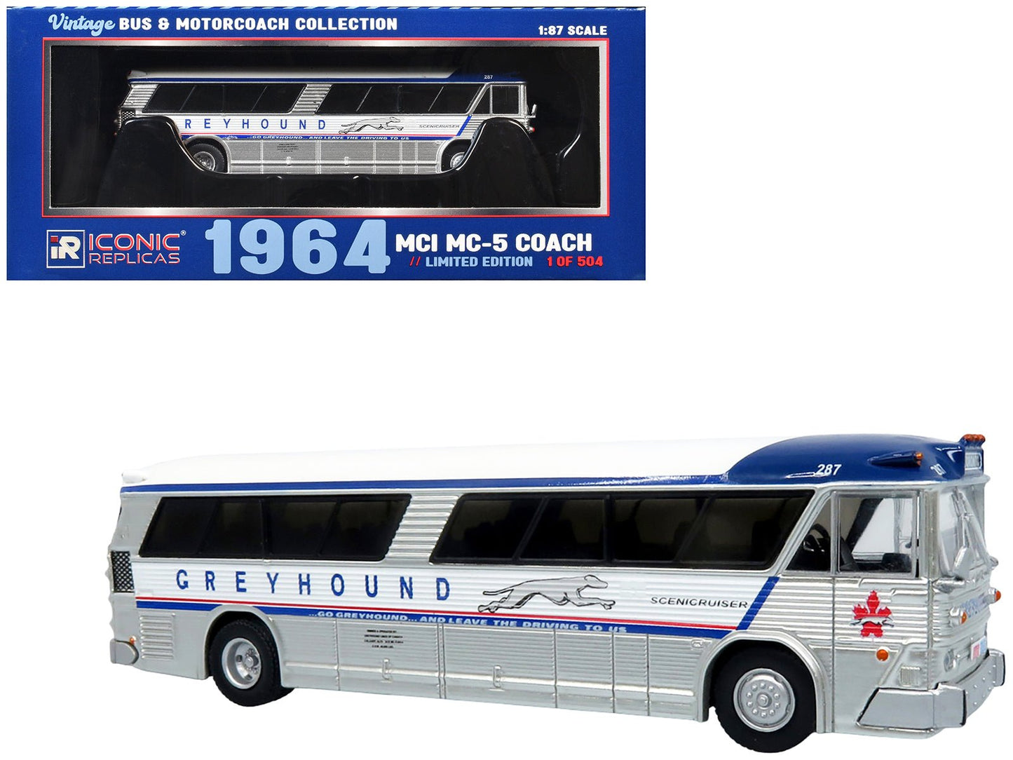 1964 MCI MC-5A Coach Bus "Greyhound Canada" White with Blue Stripes "Vintage Bus & Motorcoach Collection" Limited Edition to 504 pieces Worldwide 1/87 (HO) Diecast Model by Iconic Replicas  free shipping USA