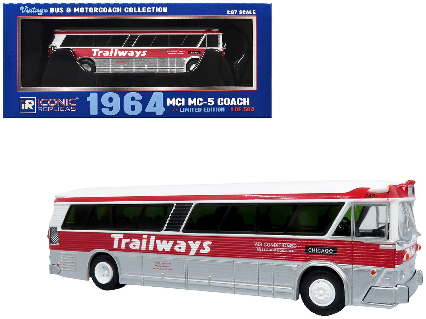 1964 MCI MC-5A Coach Bus "Trailways Chicago" White with Red Stripes "Vintage Bus & Motorcoach Collection" Limited Edition to 504 pieces Worldwide 1/87 (HO) Diecast Model by Iconic Replicas  free shipping USA