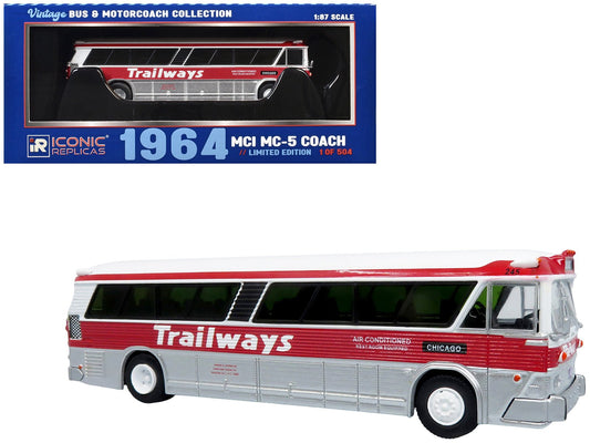 1964 MCI MC-5A Coach Bus "Trailways Chicago" White with Red Stripes "Vintage Bus & Motorcoach Collection" Limited Edition to 504 pieces Worldwide 1/87 (HO) Diecast Model by Iconic Replicas  free shipping USA