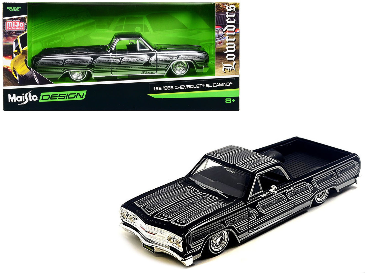 1965 Chevrolet El Camino Lowrider Black Metallic with Silver Graphics "Lowriders" Series 1/25 Diecast Model Car by Maisto  free shipping USA