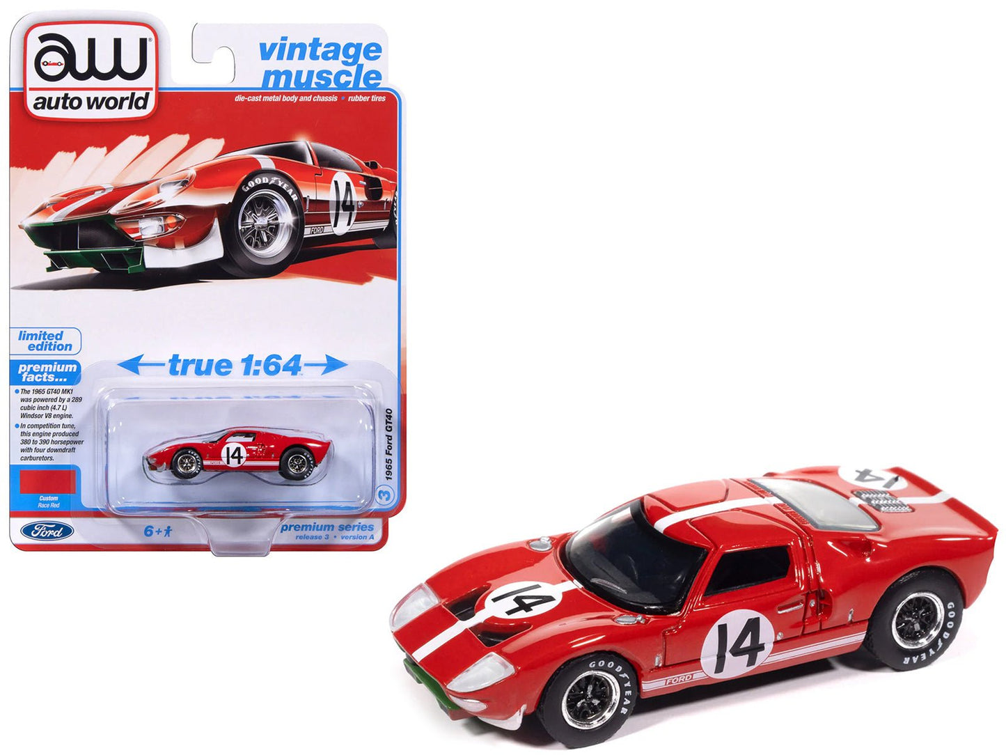 1965 Ford GT40 #14 Red with White Stripes "Vintage Muscle" Series 1/64 Diecast Model Car by Auto World  free shipping USA