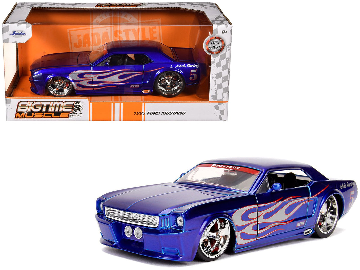 1965 Ford Mustang #5 "L. John's Racing" Candy Blue with Flame Graphics "Bigtime Muscle" Series 1/24 Diecast Model Car by Jada  free shipping USA