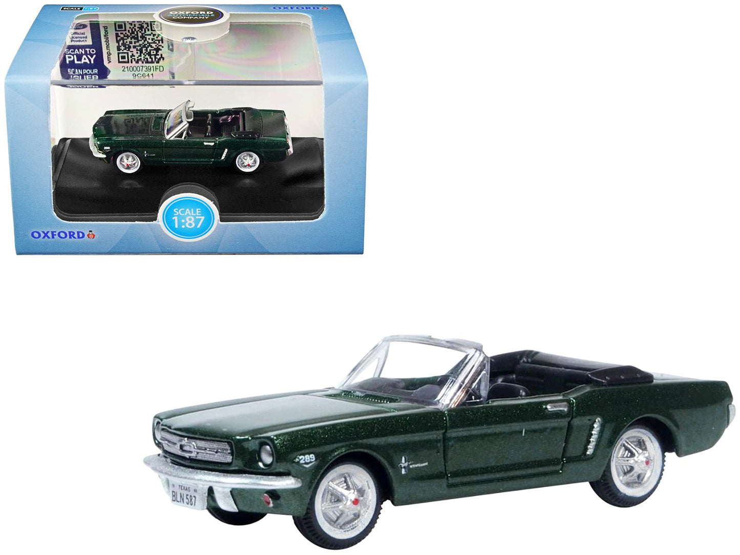 1965 Ford Mustang Convertible Ivy Green Metallic 1/87 (HO) Scale Diecast Model Car by Oxford Diecast  free shipping USA