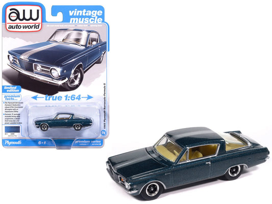 1965 Plymouth Barracuda Formula S Dark Blue Metallic with Silver Stripe "Vintage Muscle" Series 1/64 Diecast Model Car by Auto World  free shipping USA
