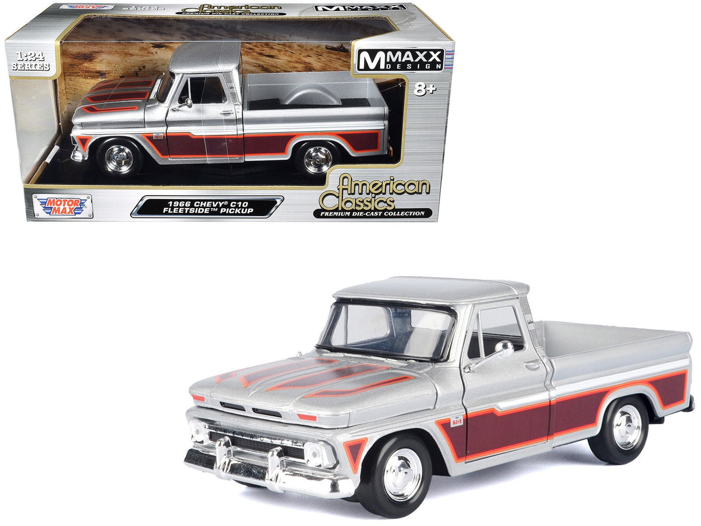 1966 Chevrolet C10 Fleetside Pickup Truck Silver Metallic with Brown Sides "American Classics" Series 1/24 Diecast Model Car by Motormax  free shipping USA