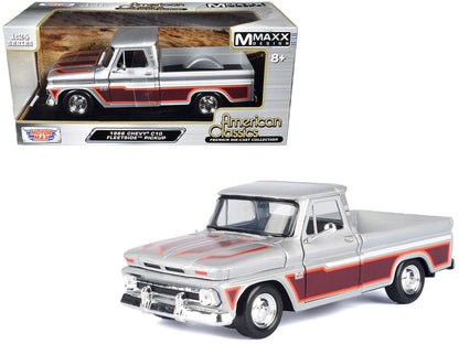 1966 Chevrolet C10 Fleetside Pickup Truck Silver Metallic with Brown Sides "American Classics" Series 1/24 Diecast Model Car by Motormax  free shipping USA