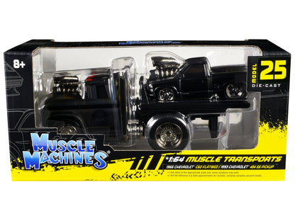 1966 Chevrolet C60 Flatbed Truck Matt Black and 1993 Chevrolet 454 SS Pickup Truck Matt Black "Muscle Transports" Series 1/64 Diecast Models by Muscle Machines  free shipping USA