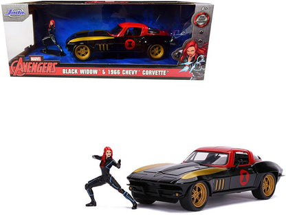 1966 Chevrolet Corvette with Black Widow Diecast Figurine "Avengers" "Marvel" Series 1/24 Diecast Model Car by Jada  free shipping USA