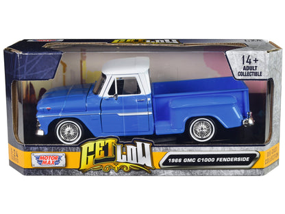 1966 GMC C1000 Fenderside Pickup Truck Lowrider Blue with White Top "Get Low" Series 1/24 Diecast Model Car by Motormax  free shipping USA