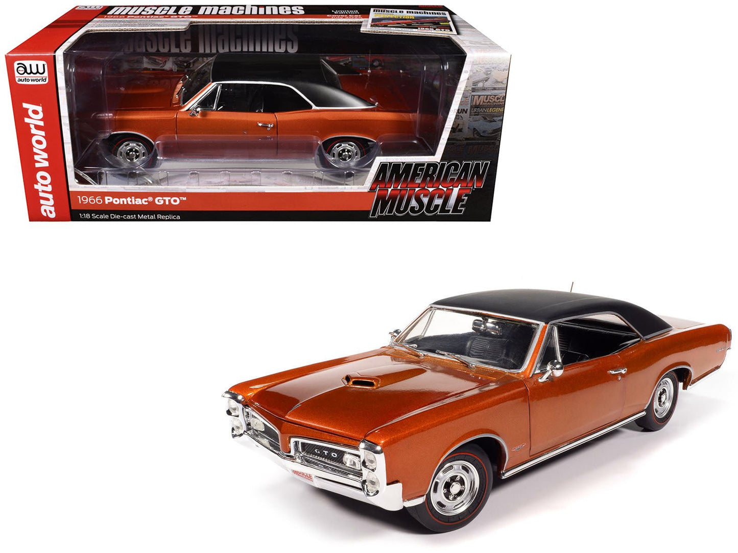1966 Pontiac GTO Copper Blaze Metallic with Black Vinyl Top "Hemmings Muscle Machines July 2024 Cover Car" "American Muscle" Series 1/18 Diecast Model Car by Auto World  free shipping USA
