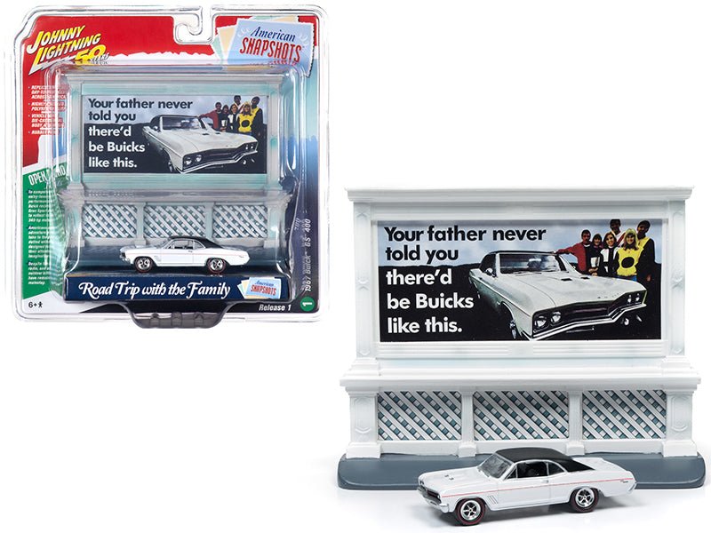 1967 Buick GS 400 White with "Buick" City Billboard "Johnny Lightning 50th Anniversary" 1/64 Diecast Model Car by Johnny Lightning  free shipping USA