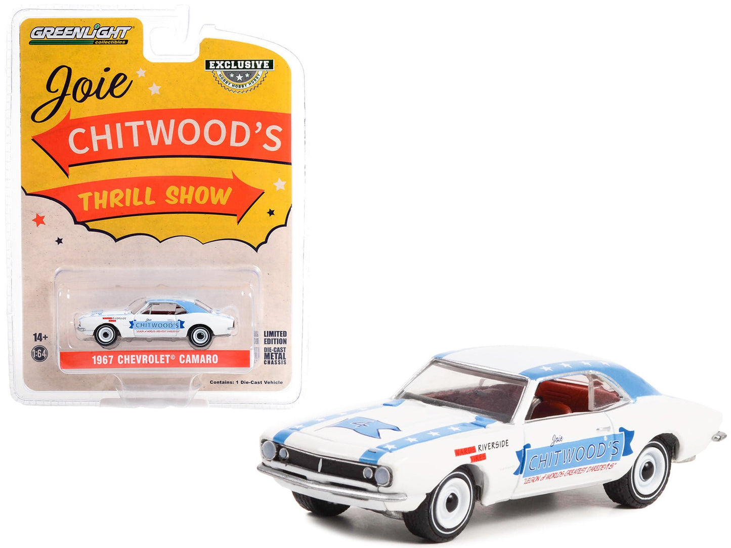 1967 Chevrolet Camaro White with Blue Stripes "Joie Chitwood’s Thrill Show: Legion of Worlds Greatest Daredevils" "Hobby Exclusive" Series 1/64 Diecast Model Car by Greenlight  free shipping USA