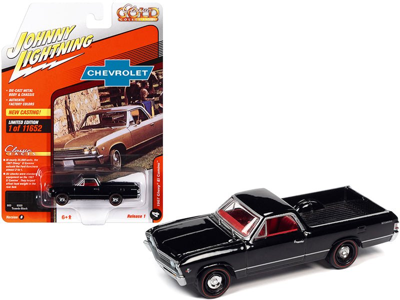 1967 Chevrolet El Camino Tuxedo Black with Red Interior "Classic Gold Collection" Series Limited Edition to 11652 pieces Worldwide 1/64 Diecast Model Car by Johnny Lightning  free shipping USA