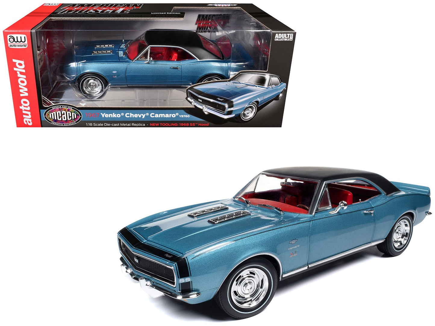 1967 Chevrolet Yenko Camaro YS760 Nantucket Blue Metallic with Black Stripes, Black Vinyl Top, and Red Interior "Muscle Car & Corvette Nationals" (MCACN) "American Muscle" Series 1/18 Diecast Model Car by Auto World  free shipping USA