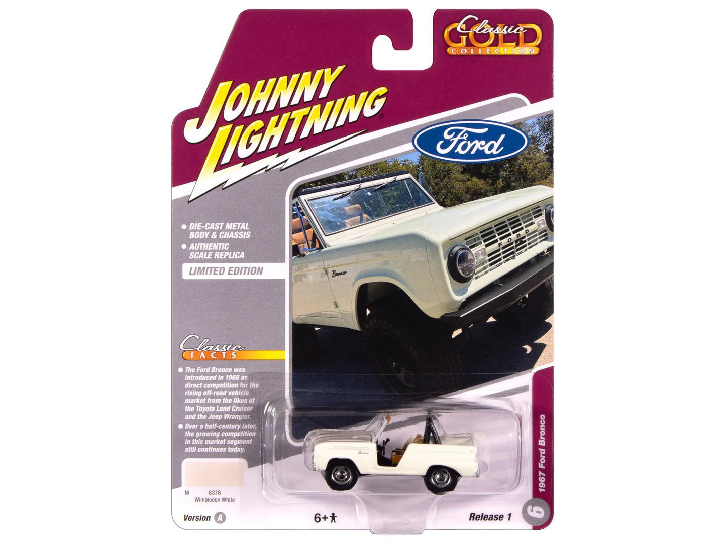 1967 Ford Bronco Wimbledon White "Classic Gold Collection" 1/64 Diecast Model Car by Johnny Lightning  free shipping USA