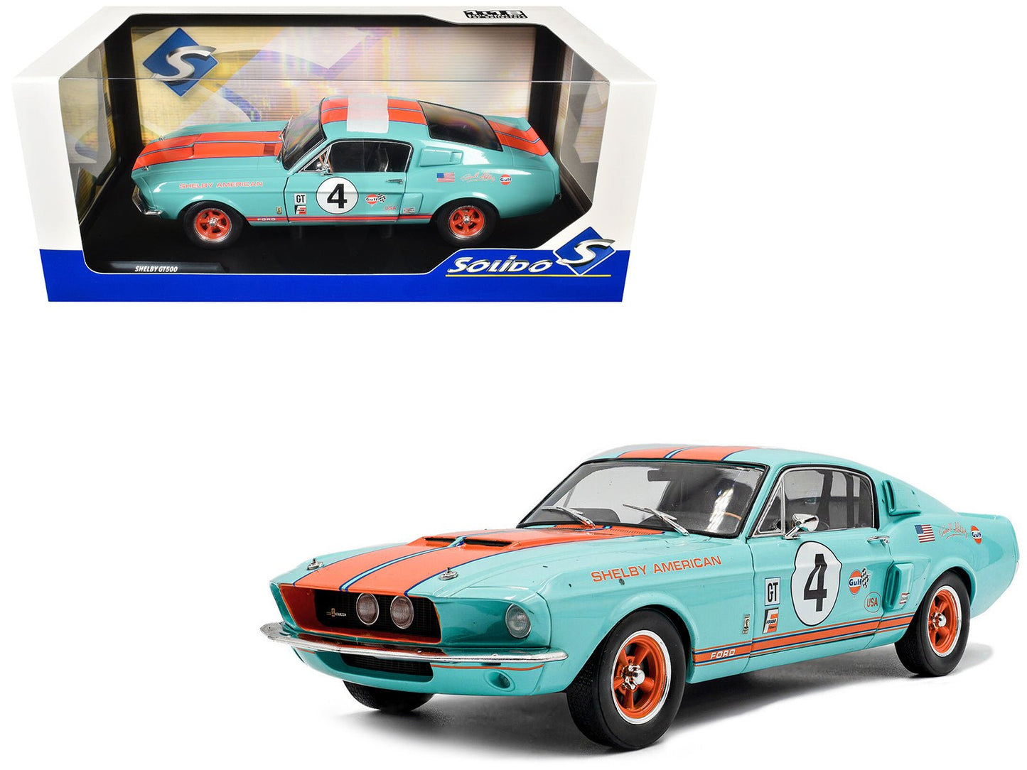 1967 Shelby GT500 #4 "Gulf Racing Tribute" Light Blue with Orange Stripes 1/18 Diecast Model Car by Solido  free shipping USA