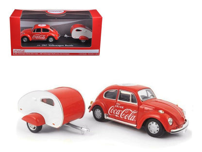 1967 Volkswagen Beetle Red with Teardrop Travel Trailer Red and White "Coca-Cola" 1/43 Diecast Model Car by Motorcity Classics  free shipping USA