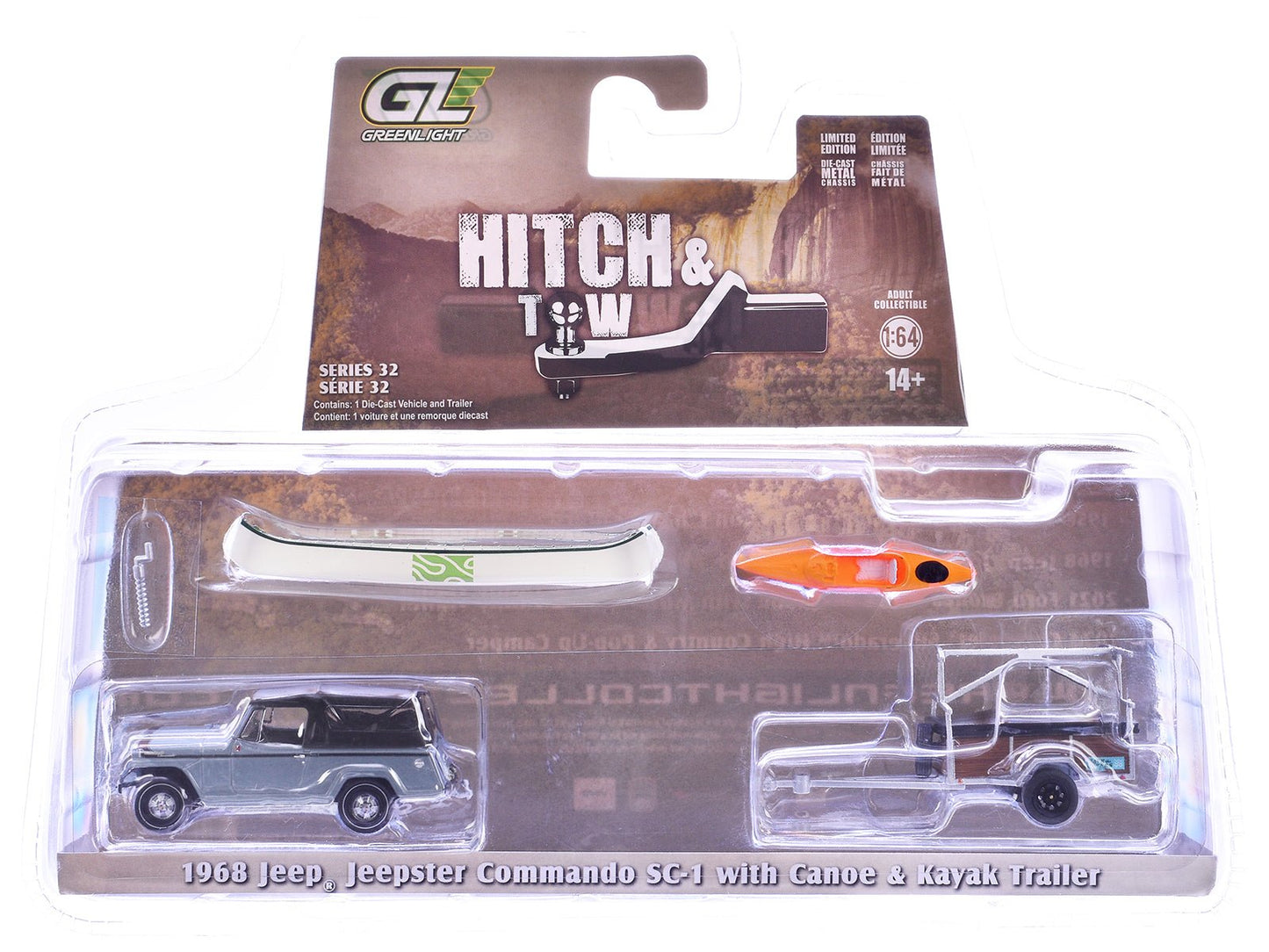 1968 Jeep Jeepster Commando SC-1 Gray with Black Stripes and Top with Canoe Trailer Canoe Rack Canoe and Kayak "Hitch & Tow" Series 32 1/64 Diecast Model Cars by Greenlight  free shipping USA