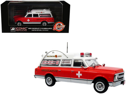 1969 Chevrolet C-10 Ambulance "Baltimore City Fire Department" White and Red "5 Alarm" Series Limited Edition 1/50 Diecast Model by Iconic Replicas  free shipping USA