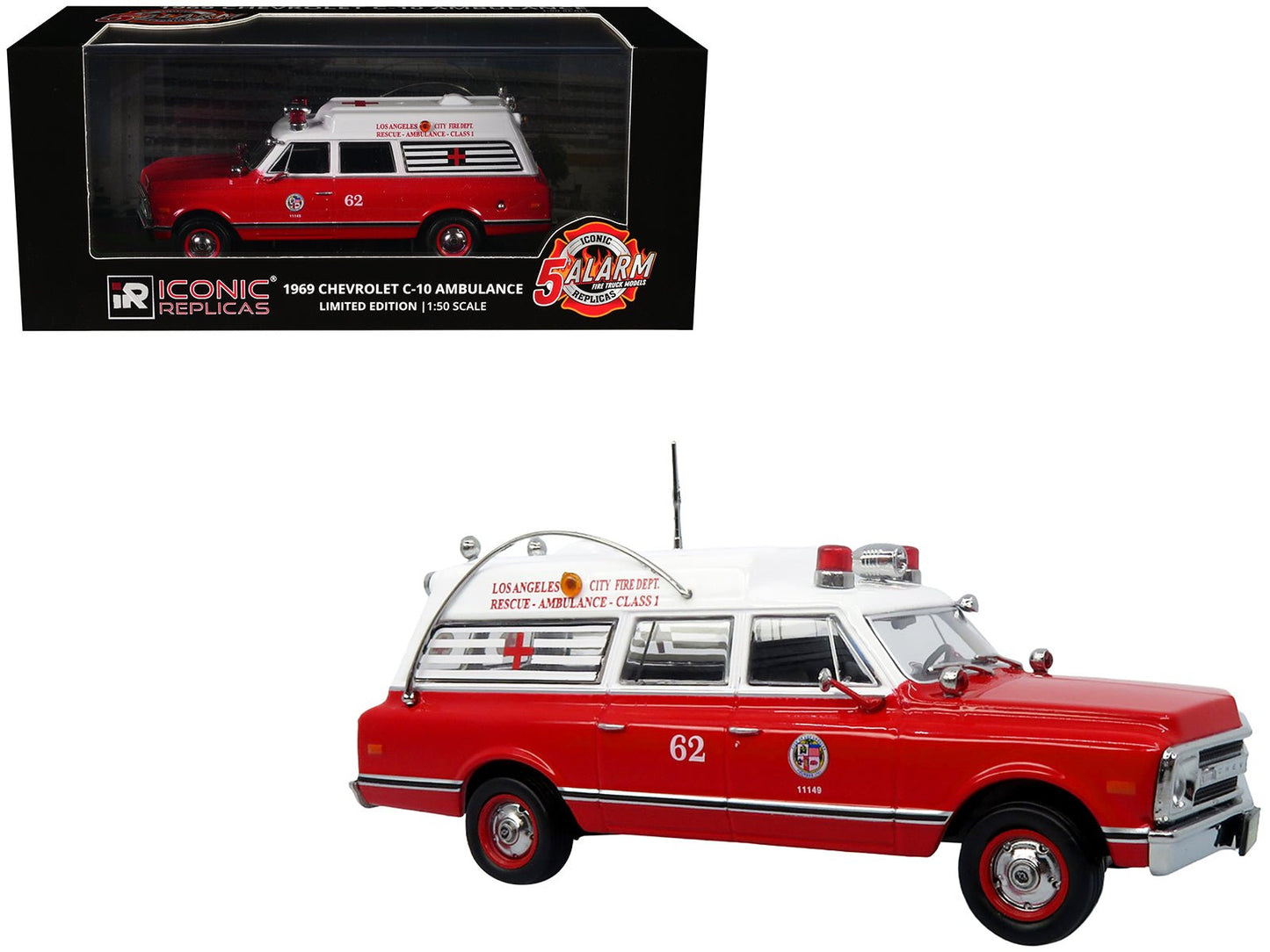 1969 Chevrolet C-10 Ambulance "Los Angeles City Fire Department" Red and White "5 Alarm" Series Limited Edition 1/50 Diecast Model by Iconic Replicas  free shipping USA