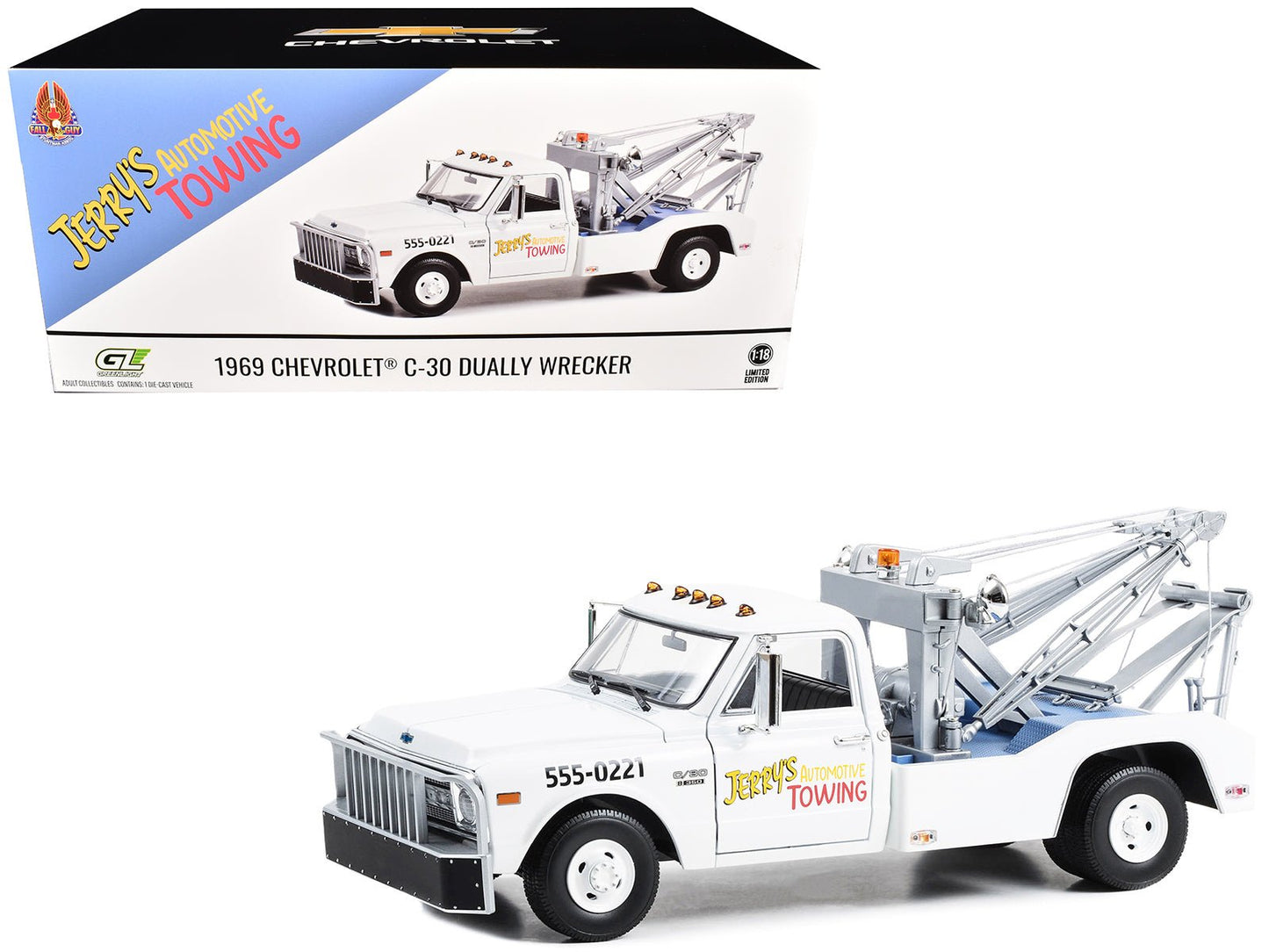1969 Chevrolet C-30 Dually Wrecker Jerry’s Towing "Fall Guy Stuntman Association" "The Fall Guy" (1981-1986) TV Series 1/18 Diecast Model Car by Greenlight  free shipping USA