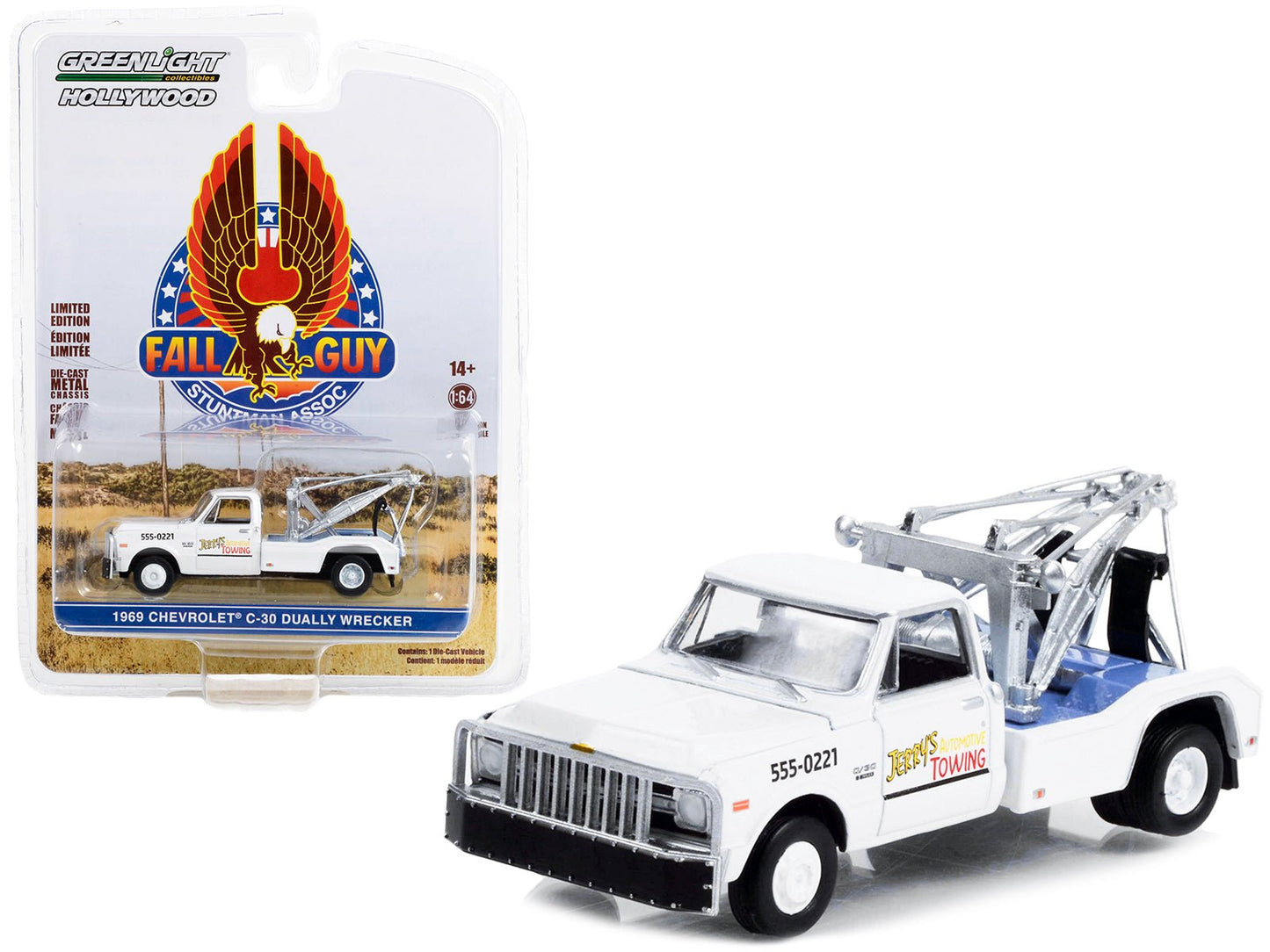 1969 Chevrolet C-30 Dually Wrecker Tow Truck White "Jerry’s Towing" "Fall Guy Stuntman Association" Hollywood Special Edition 1/64 Diecast Model Car by Greenlight  free shipping USA