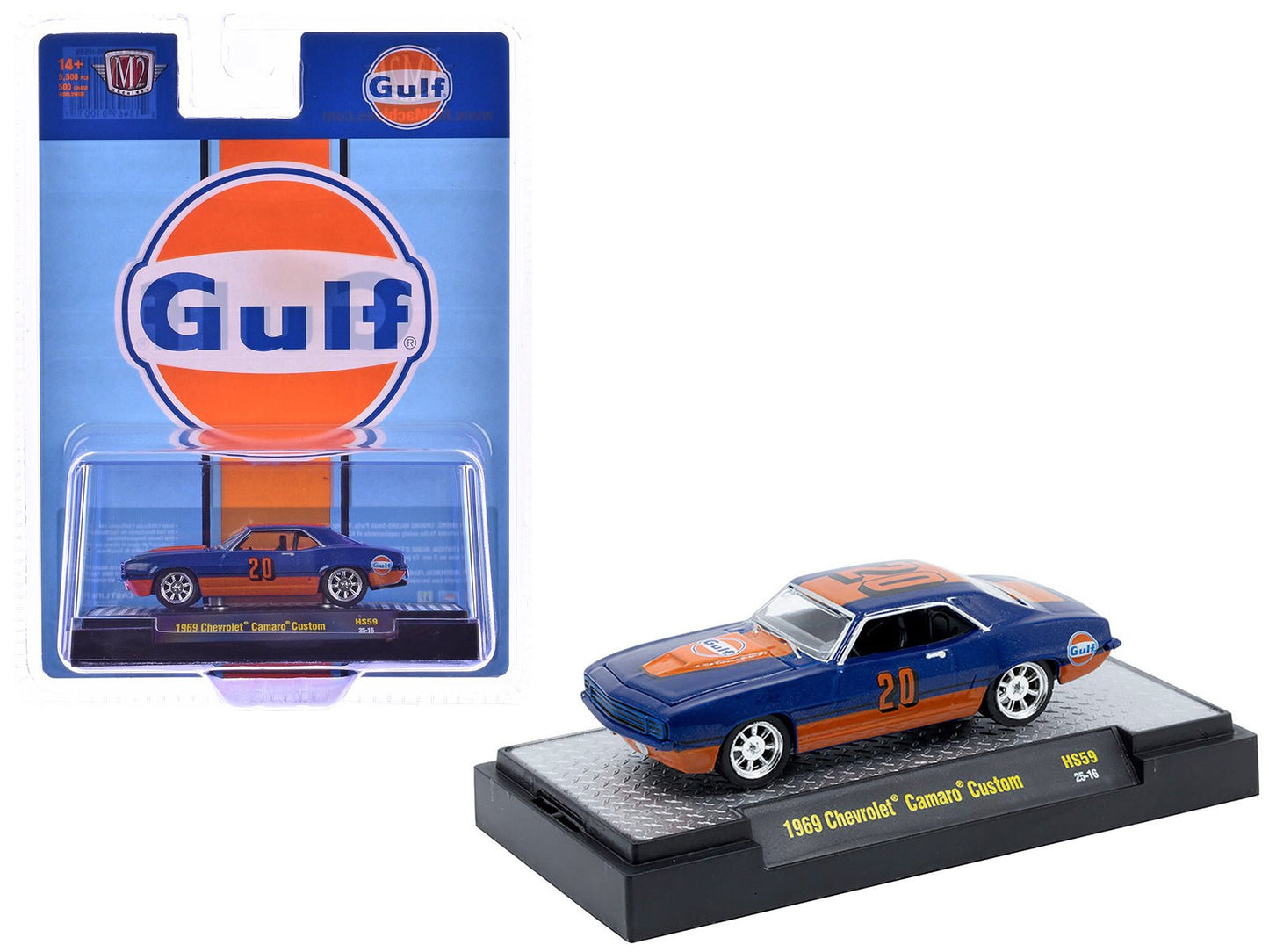 1969 Chevrolet Camaro Custom #20 "Gulf Oil" Dark Blue and Orange Limited Edition to 5500 pieces Worldwide 1/64 Diecast Model Car by M2 Machines  free shipping USA