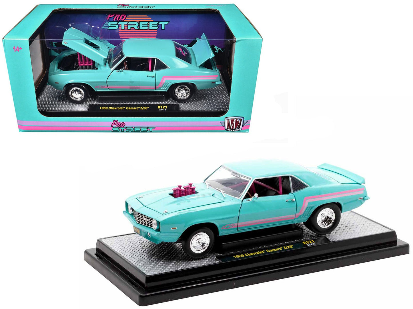 1969 Chevrolet Camaro Z/28 Light Blue with Pink Stripes "Pro Street" Limited Edition to 6250 pieces Worldwide 1/24 Diecast Model Car by M2 Machines  free shipping USA