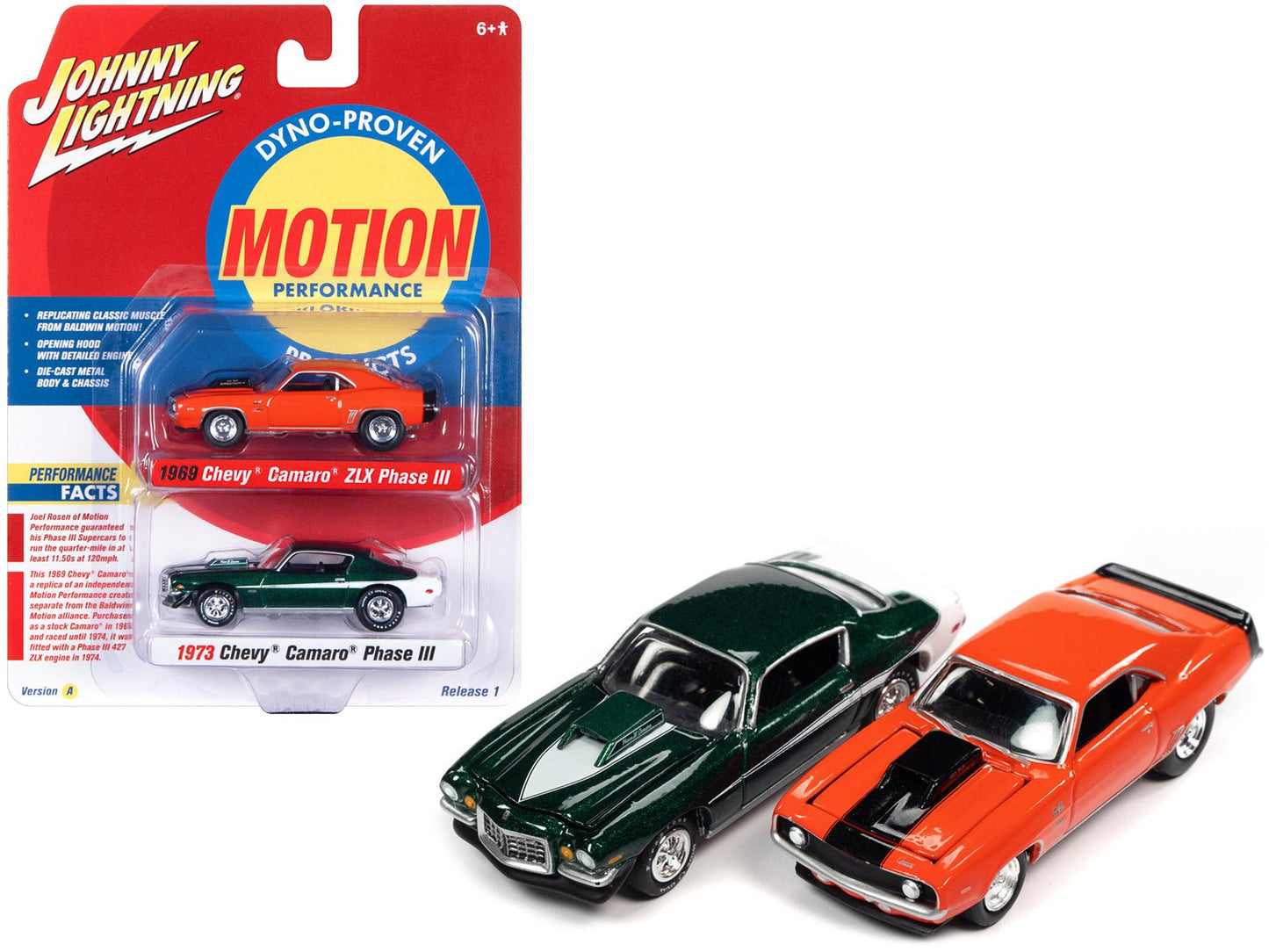 1969 Chevrolet Camaro ZLX Phase III Hugger Orange with Black Stripes and 1973 Chevrolet Camaro Phase III Dark Green Metallic and White "Baldwin Motion" Set of 2 Cars 1/64 Diecast Model Cars by Johnny Lightning  free shipping USA