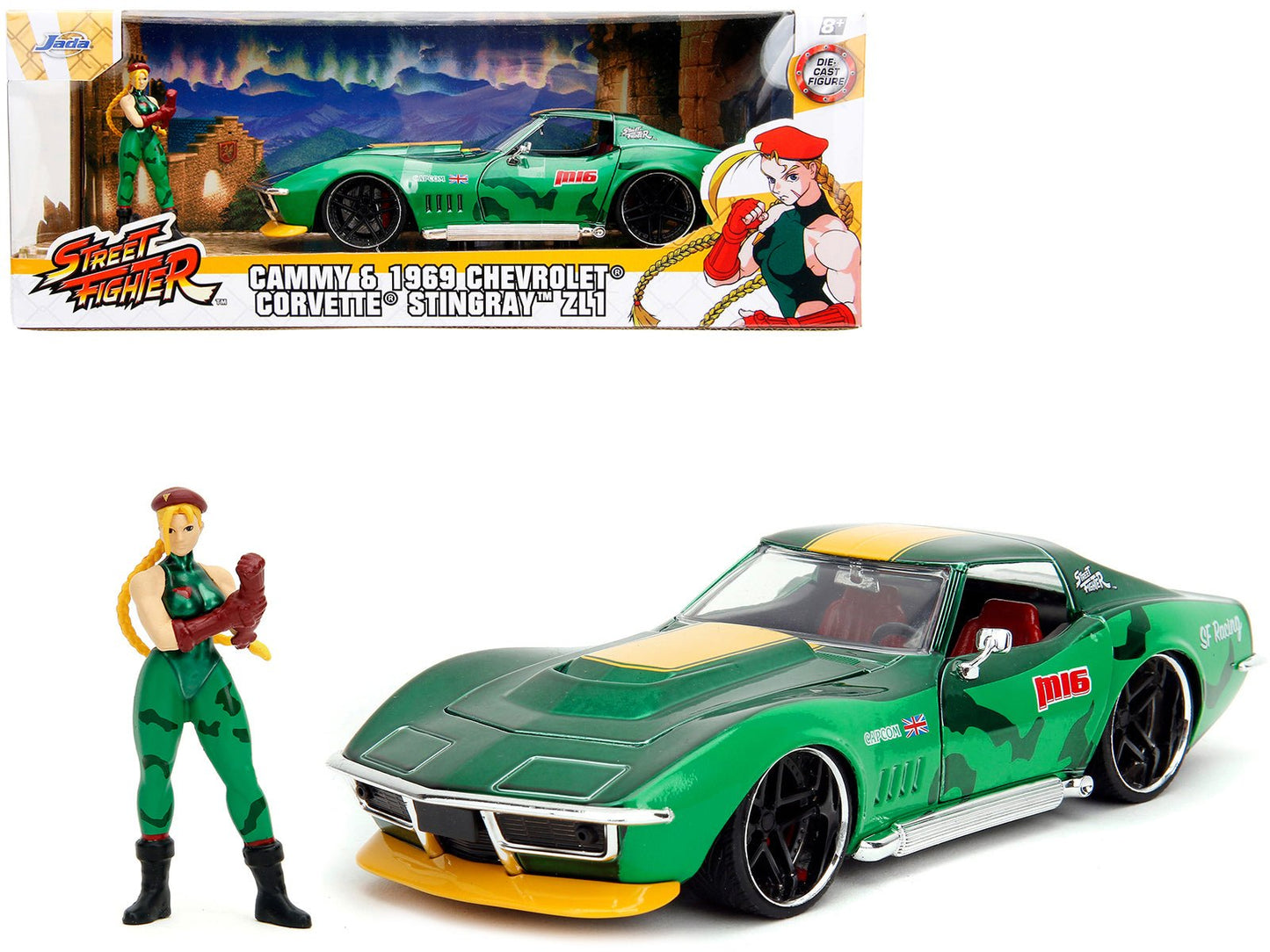 1969 Chevrolet Corvette Stingray ZL1 Green Metallic with Yellow Stripes and Cammy Diecast Figure "Street Fighter" Video Game "Anime Hollywood Rides" Series 1/24 Diecast Model Car by Jada  free shipping USA