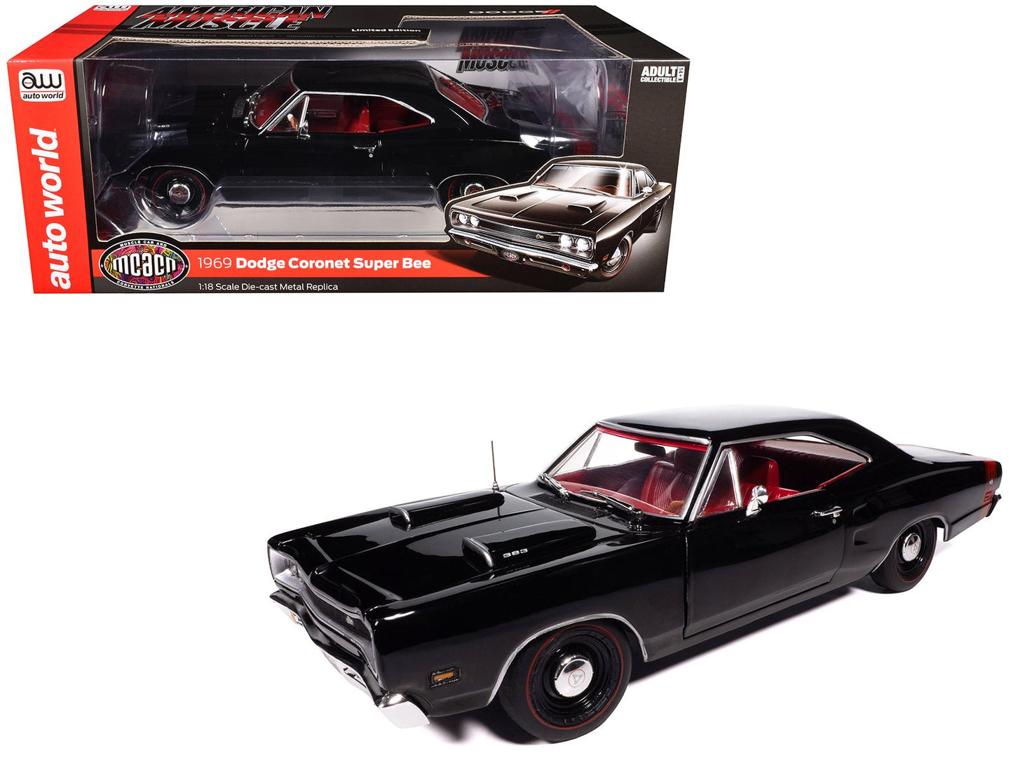 1969 Dodge Coronet Super Bee "Muscle Car & Corvette Nationals" (MCACN) Black with Red Interior "American Muscle" Series 1/18 Diecast Model Car by Auto World  free shipping USA