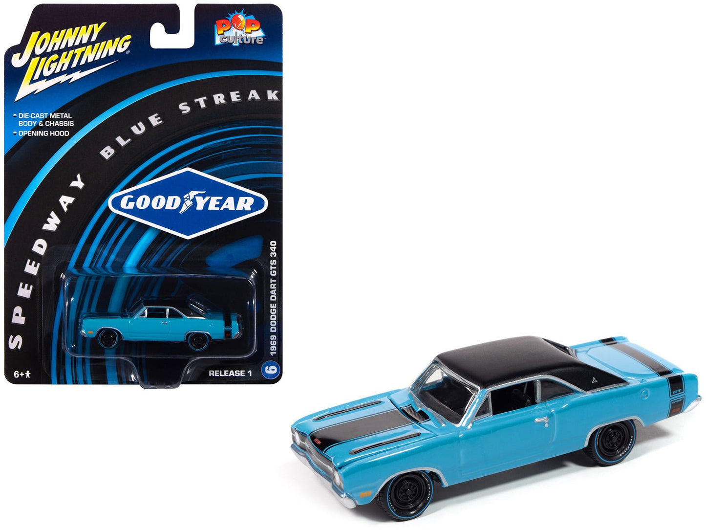1969 Dodge Dart GTS 340 Blue with Black Top and Stripes "Goodyear Blue Streak" "Pop Culture" 2025 Release 1 1/64 Diecast Model Car by Johnny Lightning  free shipping USA