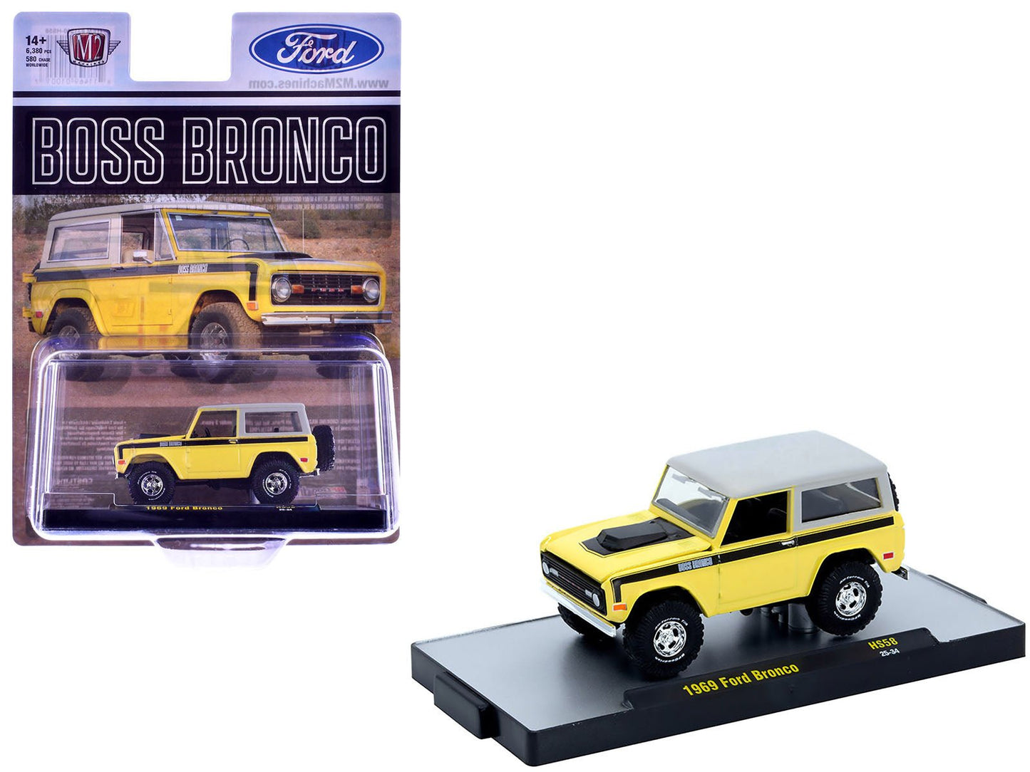 1969 Ford Bronco Yellow with Black Stripes and Gray Top Limited Edition to 6380 pieces Worldwide 1/64 Diecast Model Car by M2 Machines  free shipping USA