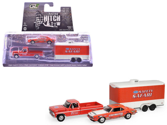 1969 Ford F-250 Pickup Truck Red and 1969 Chevrolet Camaro Z28 "Dan Fletcher" Orange with White Hood "NHRA Safety Team" with Enclosed Car Trailer "Racing Hitch & Tow" Series 6 1/64 Diecast Model Cars by Greenlight  free shipping USA