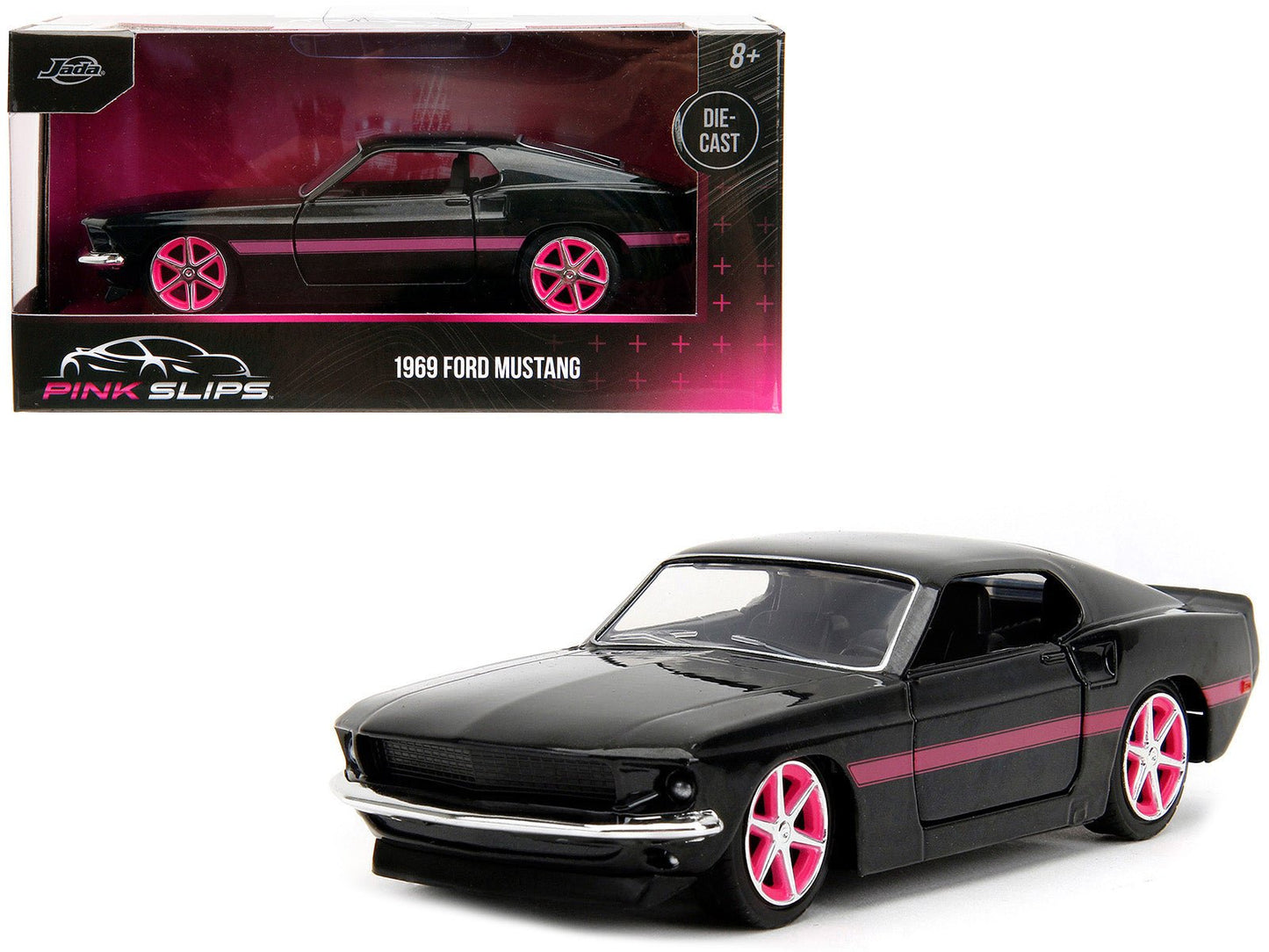 1969 Ford Mustang Black Metallic with Pink Stripes and Wheels "Pink Slips" Series 1/32 Diecast Model Car by Jada  free shipping USA