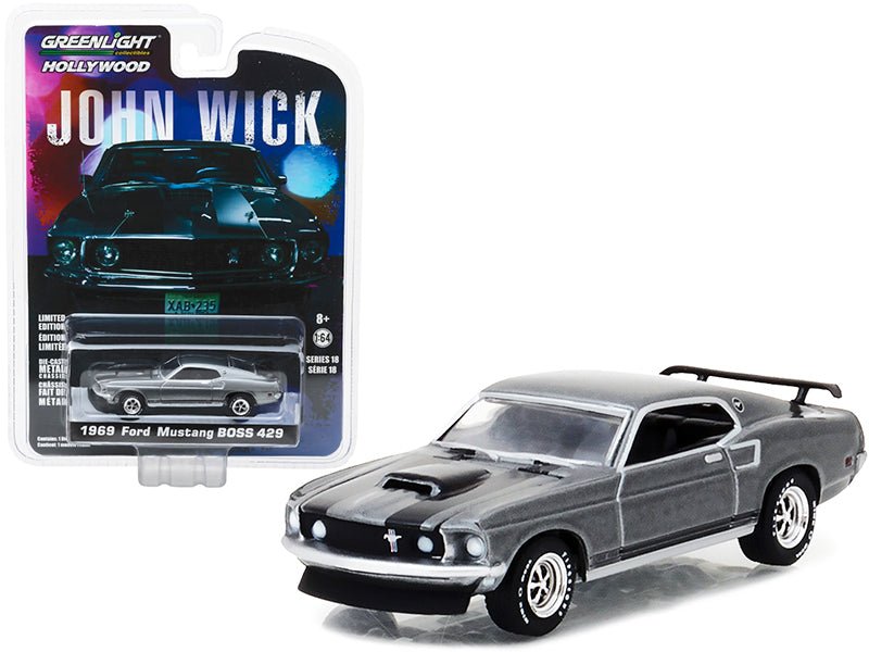 1969 Ford Mustang Boss 429 Gray Metallic with Black Stripes "John Wick" (2014) Movie "Hollywood Series" Release 18 1/64 Diecast Model Car by Greenlight  free shipping USA