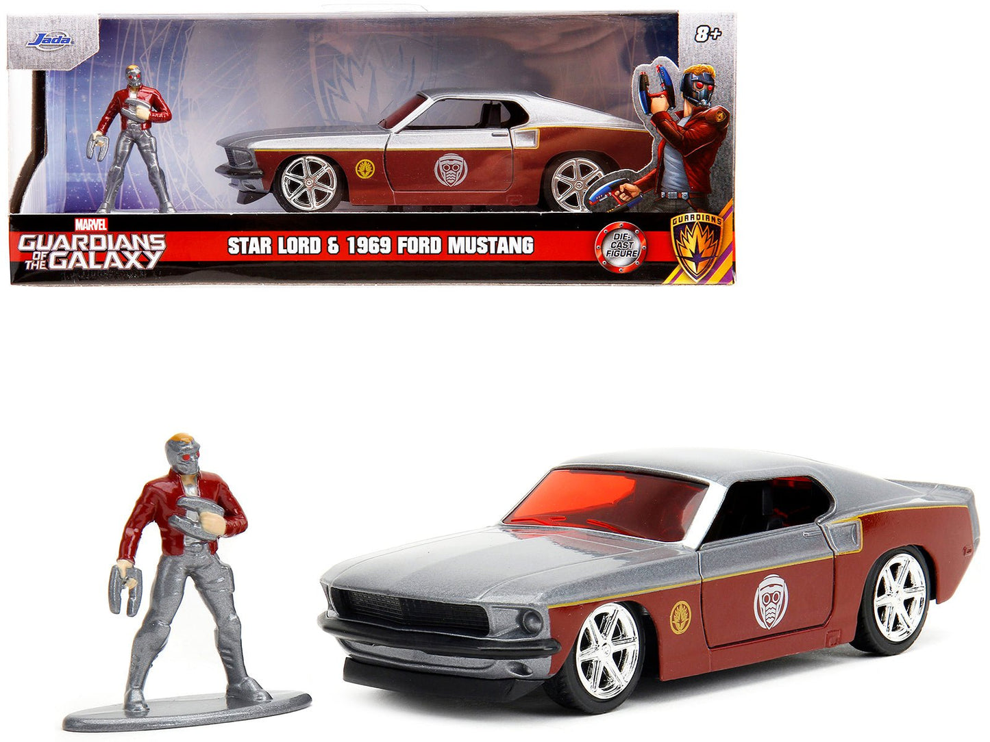 1969 Ford Mustang Silver Metallic and Dark Red and Star Lord Diecast Figure "Marvel Guardians of the Galaxy" "Hollywood Rides" Series 1/32 Diecast Model Car by Jada  free shipping USA