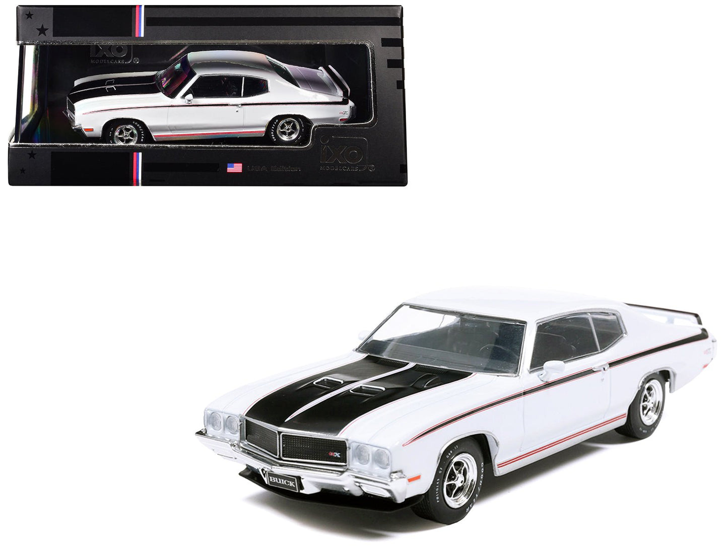 1970 Buick GSX Apollo White with Black and Red Stripes 1/43 Diecast Model by IXO Models  free shipping USA