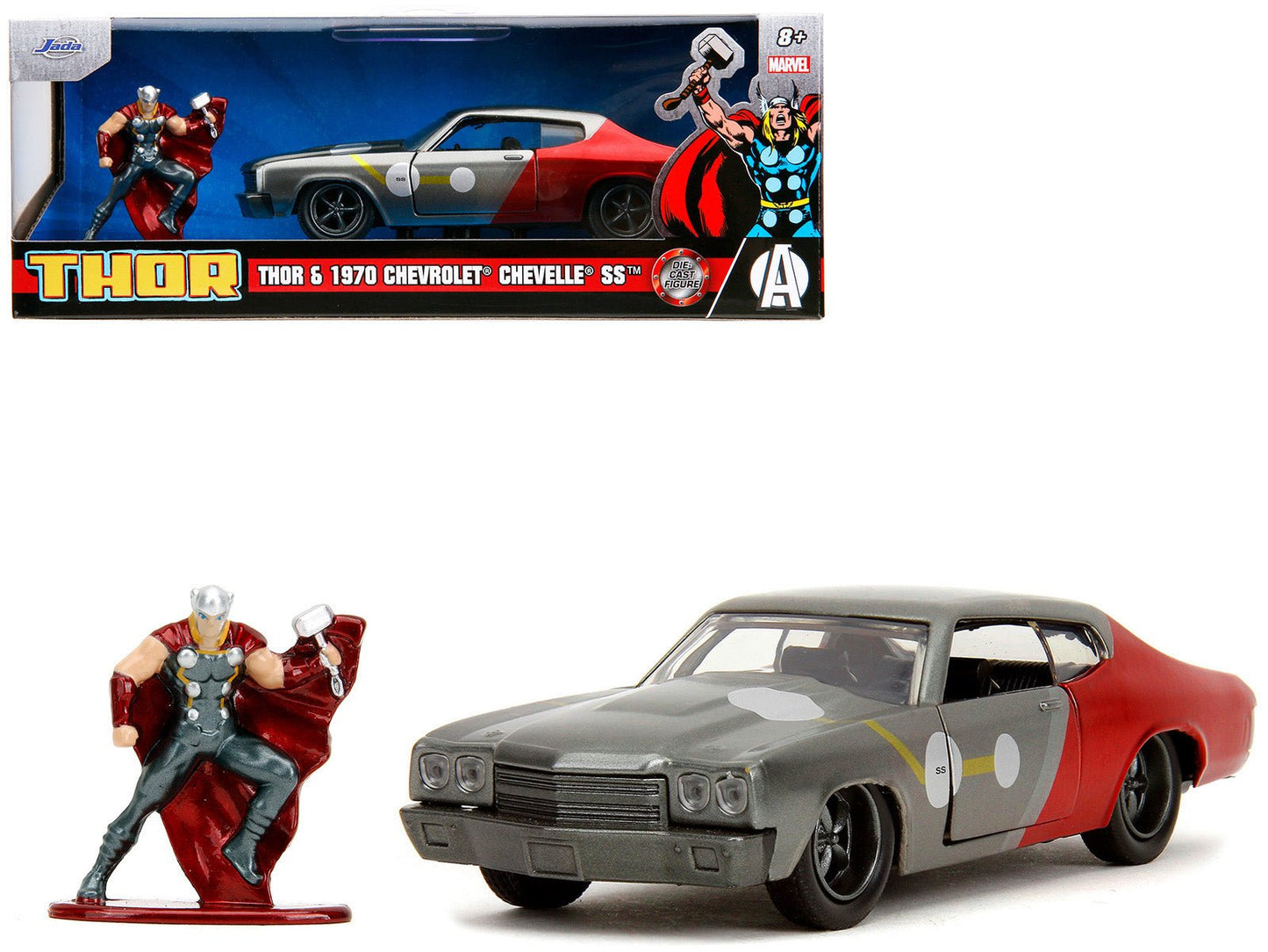 1970 Chevrolet Chevelle SS Gray Metallic and Red Metallic with Black Hood and Thor Diecast Figure "The Avengers" "Hollywood Rides" Series 1/32 Diecast Model Car by Jada  free shipping USA