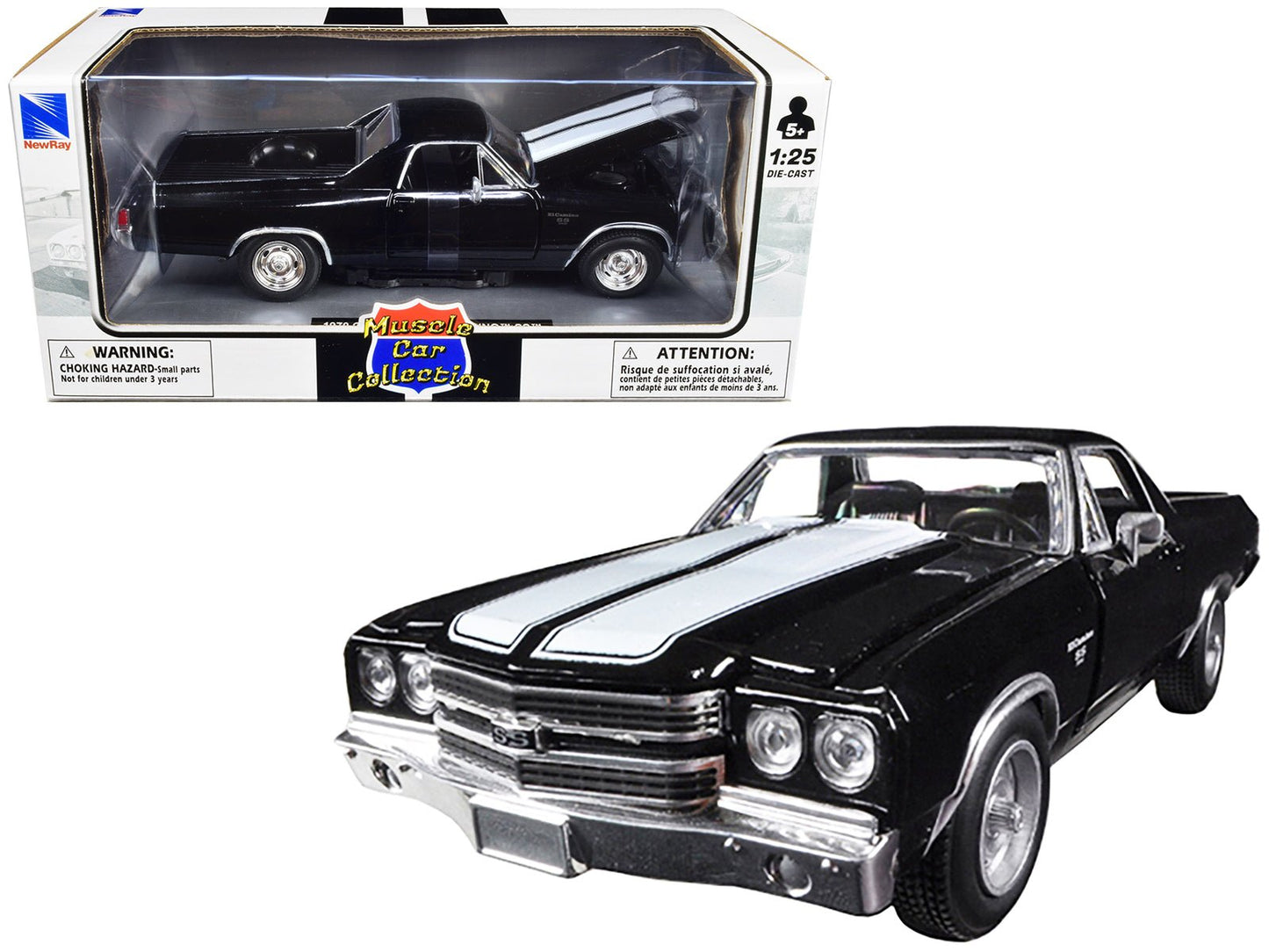 1970 Chevrolet El Camino SS Black with White Stripes "Muscle Car Collection" 1/25 Diecast Model Car by New Ray  free shipping USA