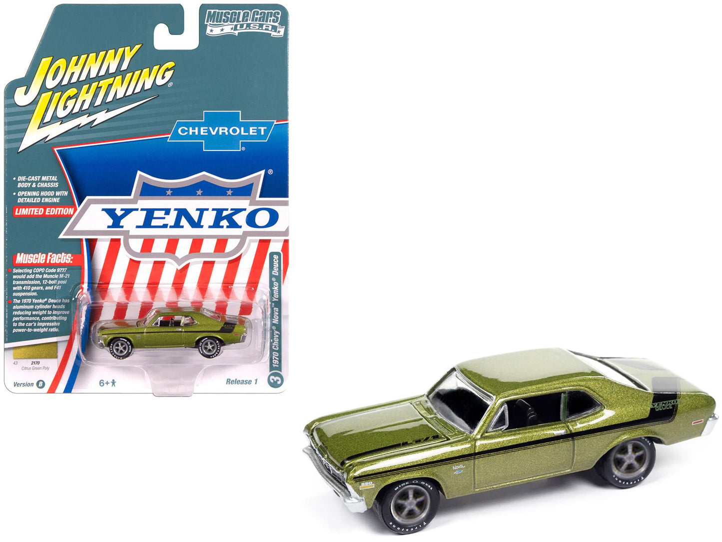 1970 Chevrolet Nova Yenko Deuce Citrus Green Metallic with Black Stripes "Muscle Cars USA" Series 1/64 Diecast Model Car by Johnny Lightning  free shipping USA
