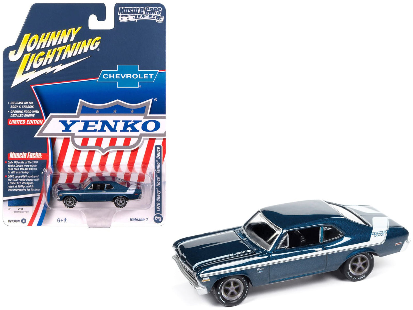 1970 Chevrolet Nova Yenko Deuce Fathom Blue Metallic with White Stripes "Muscle Cars USA" Series 1/64 Diecast Model Car by Johnny Lightning  free shipping USA