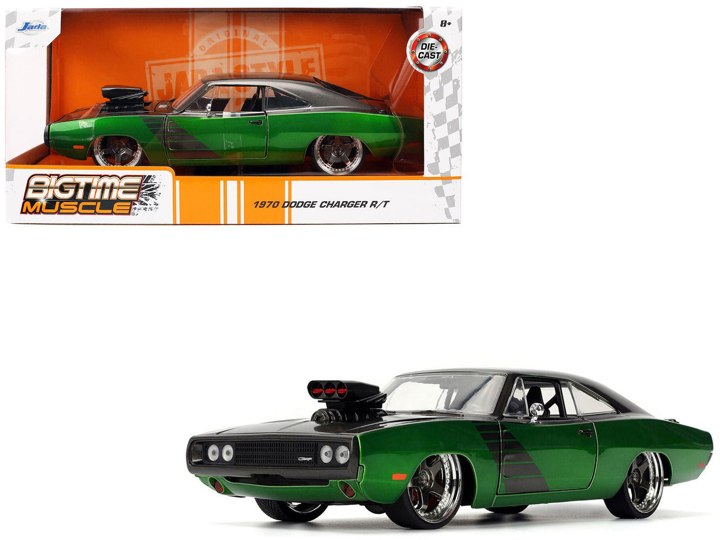 1970 Dodge Charger R/T Dark Gray Metallic and Green Metallic with Dark Gray Stripes "Bigtime Muscle" Series 1/24 Diecast Model Car by Jada  free shipping USA