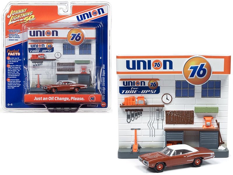 1970 Dodge Coronet Super Bee Brown with White Top and "Union 76" Interior Service Gas Station Facade Diorama Set "Johnny Lightning 50th Anniversary" 1/64 Diecast Model Car by Johnny Lightning  free shipping USA