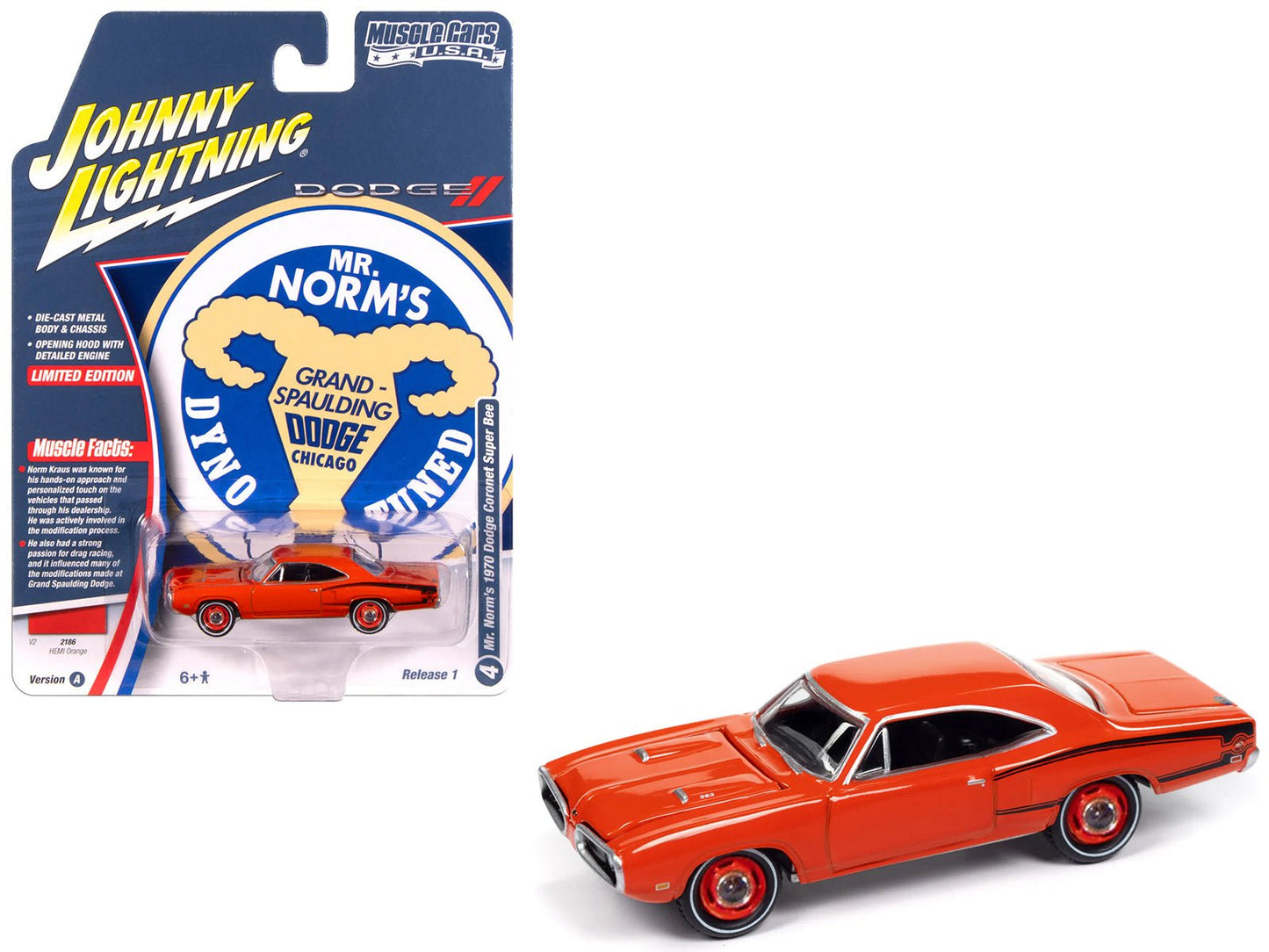 1970 Dodge Coronet Super Bee "Mr. Norm's" Hemi Orange with Black Stripes "Muscle Cars USA" Series 1/64 Diecast Model Car by Johnny Lightning  free shipping USA