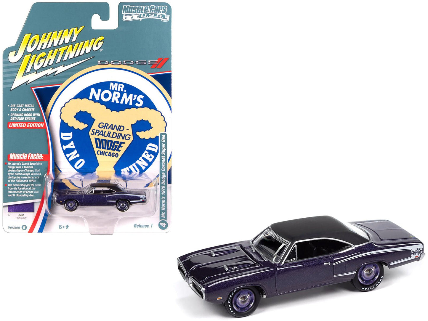 1970 Dodge Coronet Super Bee "Mr. Norm's" Plum Crazy Metallic with Black Top and White Stripes 1/64 Diecast Model Car by Johnny Lightning  free shipping USA