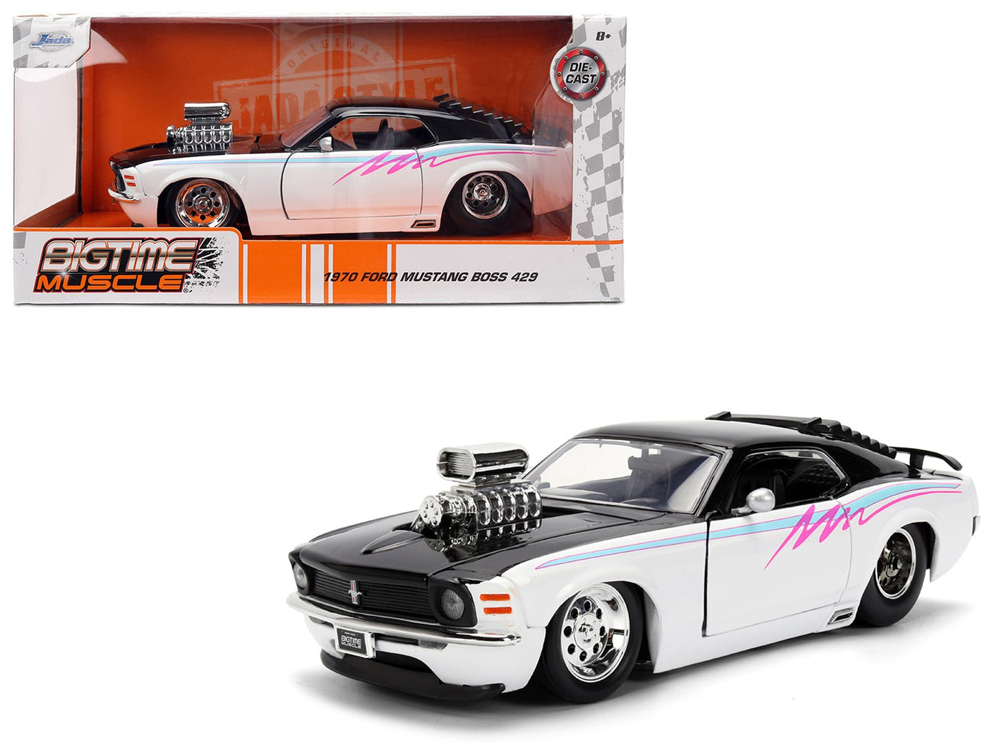 1970 Ford Mustang Boss 429 Black and White with Graphics "Bigtime Muscle" Series 1/24 Diecast Model Car by Jada  free shipping USA